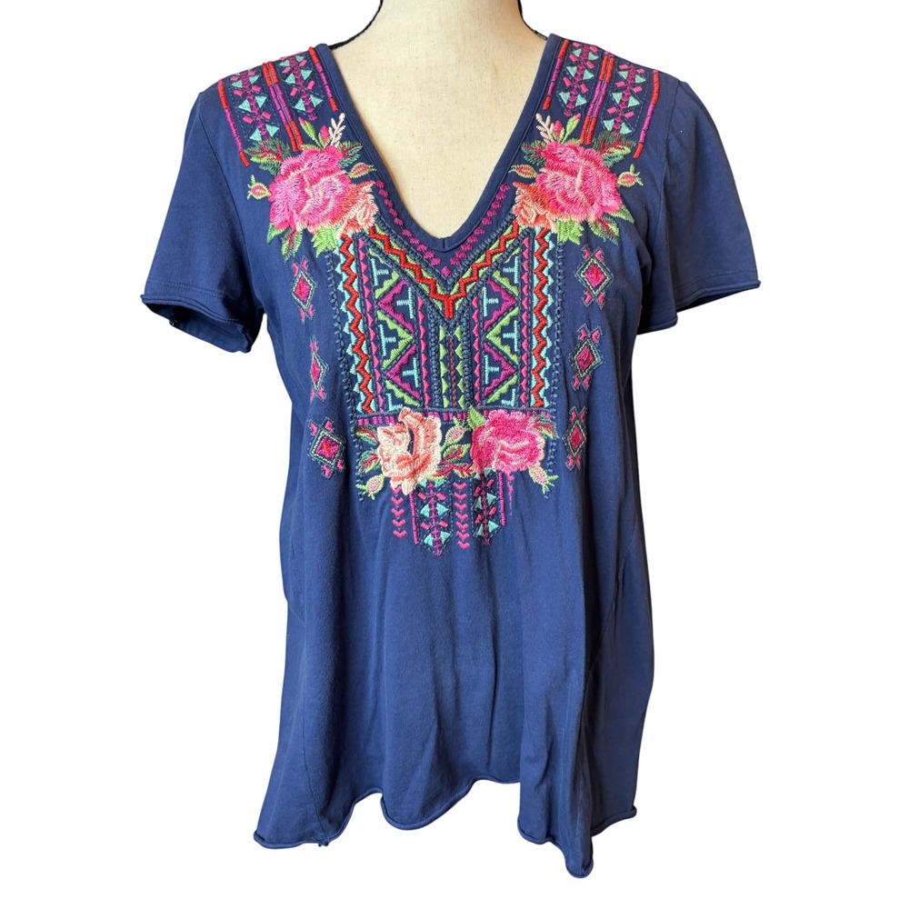 JWLA Johnny Was Navy Blue Embroidered Floral V-Neck Tunic Top Small